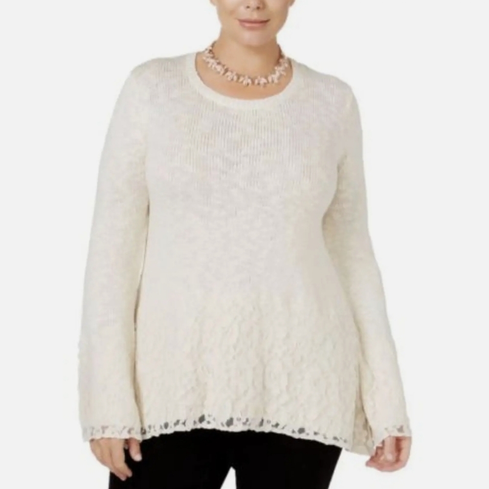 NWT Style & Co Ivory Cable Knit Pullover Sweater Plus Lace Overlay Shimmer 0X